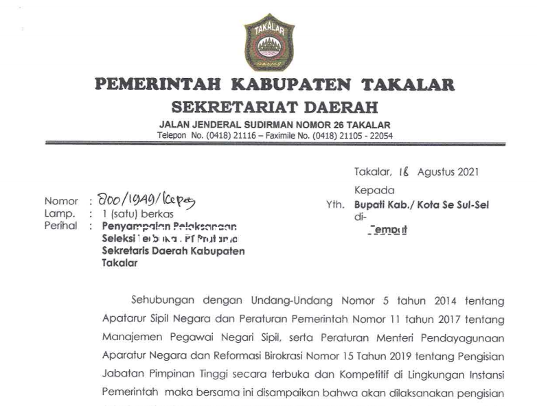 Pelaksanaan Seleksi Terbuka JPT Pratama Sekertaris Daerah Kabupaten Takalar